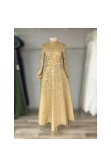 Taş ve Boncuk İşlemeli Kabarık Kolları Bağlamalı Özel Gün Tesettür Abiye