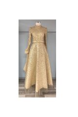 Taş ve Boncuk İşlemeli Kabarık Kolları Bağlamalı Özel Gün Tesettür Abiye