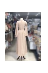 Krem Saten Kolları Lastikli Özel Gün - Mezuniyet Abiye Elbise