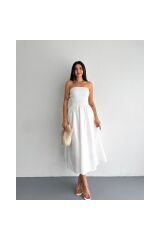 Beyaz Straplez Cepli Kadın Yazlık Mezuniyet Elbisesi