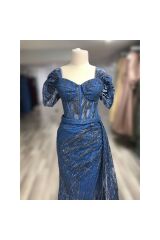 Simli Transparan Drape Yırtmaçlı Uzun Özel Gün Abiye Elbise