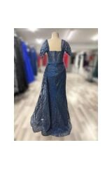 Simli Transparan Drape Yırtmaçlı Uzun Özel Gün Abiye Elbise