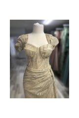 Simli Transparan Drape Yırtmaçlı Uzun Özel Gün Abiye Elbise