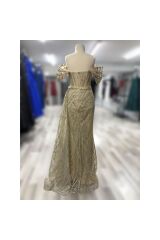 Simli Transparan Drape Yırtmaçlı Uzun Özel Gün Abiye Elbise