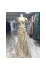 Simli Transparan Drape Yırtmaçlı Uzun Özel Gün Abiye Elbise