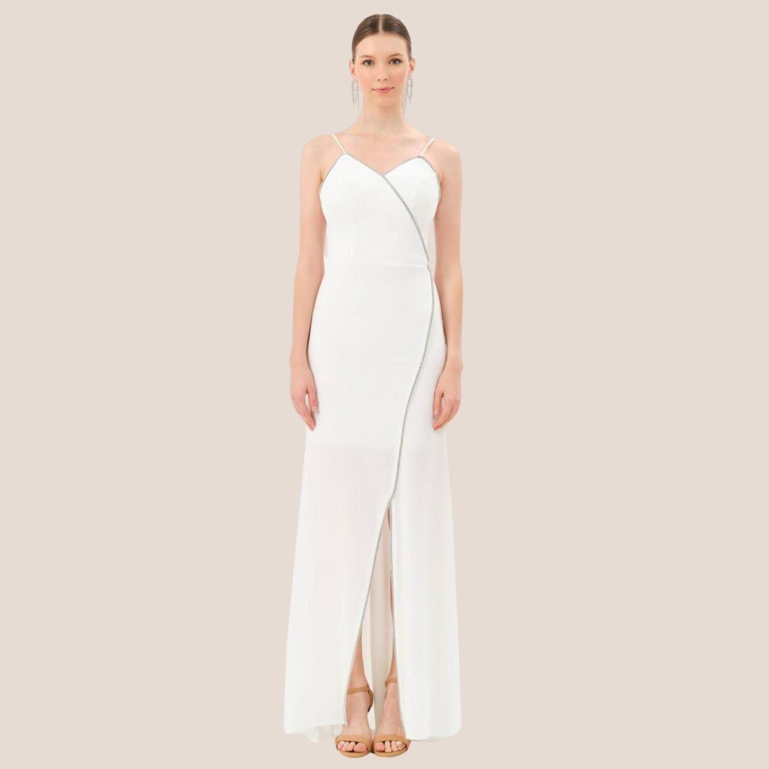 Bijutek Beyaz  Renk Taşlı - Yırtmaçlı ve Askılı Abiye