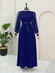Bijutek Yakası ve Kolları Taşlı Beli Bağcıklı Organze Kol Elbise