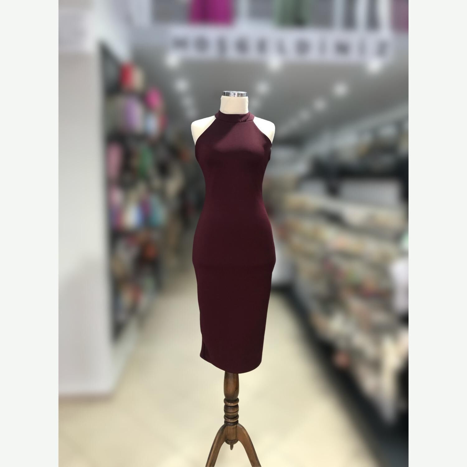 Bijutek Scuba Kumaş Bordo Sıfır Kol Boğazlı Elbise