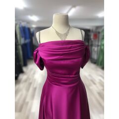 Bijutek Şalkaya Beli Drape İp Askılı Yırtmaçlı Uzun Saten Abiye