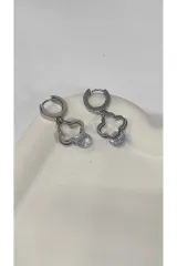 Yonca Sallantılı Taşlı Gümüş Kadın Çelik Küpe