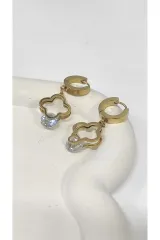 Yonca Sallantılı Taşlı Gold Kadın Çelik Küpe