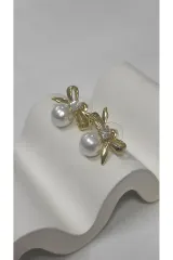 Bijuteri Gold Taşlı ve İncili Metal Kadın Küpe