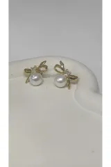 Bijuteri Gold Taşlı ve İncili Metal Kadın Küpe