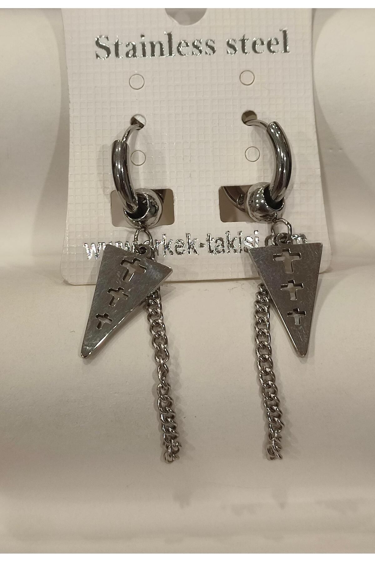 Stainless Steel Erkek Desenli ve Sallantılı Çelik Küpe