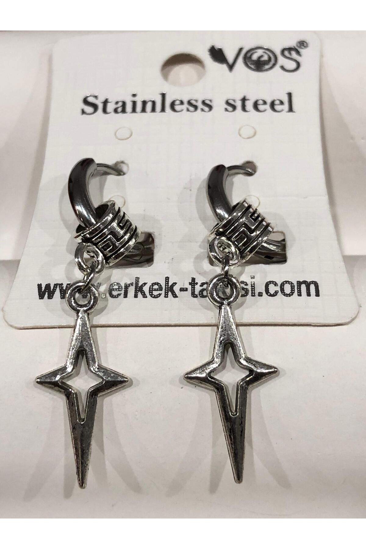 Stainless Steel Erkek Desenli ve Sallantılı Çelik Küpe