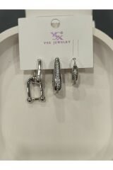 Bijuteri Gümüş Taşlı - İncili - Kalp ve Kelebek Desenli Sallantılı Çoklu Metal Kadın Küpe Jewelry