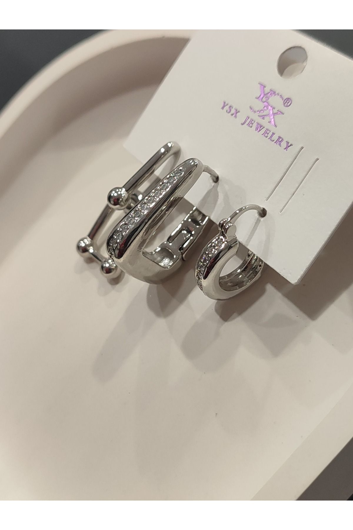 Bijuteri Gümüş Taşlı - İncili - Kalp ve Kelebek Desenli Sallantılı Çoklu Metal Kadın Küpe Jewelry
