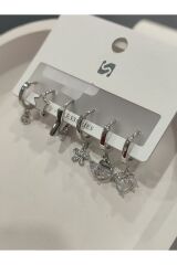 Bijuteri Gümüş Taşlı - İncili - Kalp ve Kelebek Desenli Sallantılı Çoklu Metal Kadın Küpe Jewelry