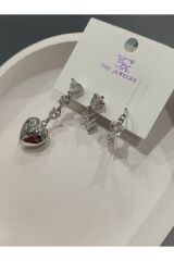 Bijuteri Gümüş Taşlı - İncili - Kalp ve Kelebek Desenli Sallantılı Çoklu Metal Kadın Küpe Jewelry