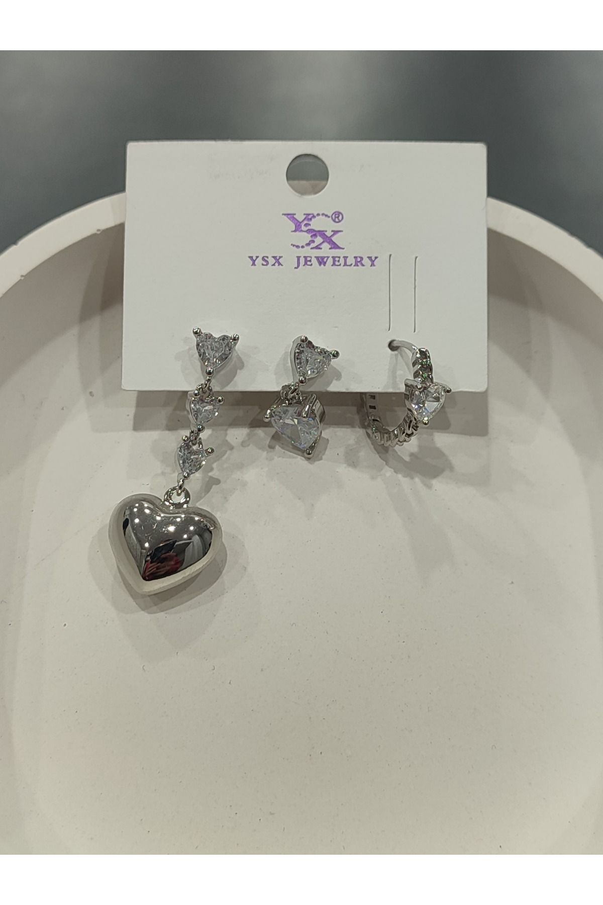 Bijuteri Gümüş Taşlı - İncili - Kalp ve Kelebek Desenli Sallantılı Çoklu Metal Kadın Küpe Jewelry