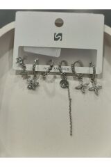 Bijuteri Gümüş Taşlı - İncili - Kalp ve Kelebek Desenli Sallantılı Çoklu Metal Kadın Küpe Jewelry