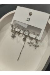 Bijuteri Gümüş Taşlı - İncili - Kalp ve Kelebek Desenli Sallantılı Çoklu Metal Kadın Küpe Jewelry