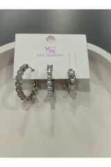 Bijuteri Gümüş Taşlı - İncili - Kalp ve Kelebek Desenli Sallantılı Çoklu Metal Kadın Küpe Jewelry