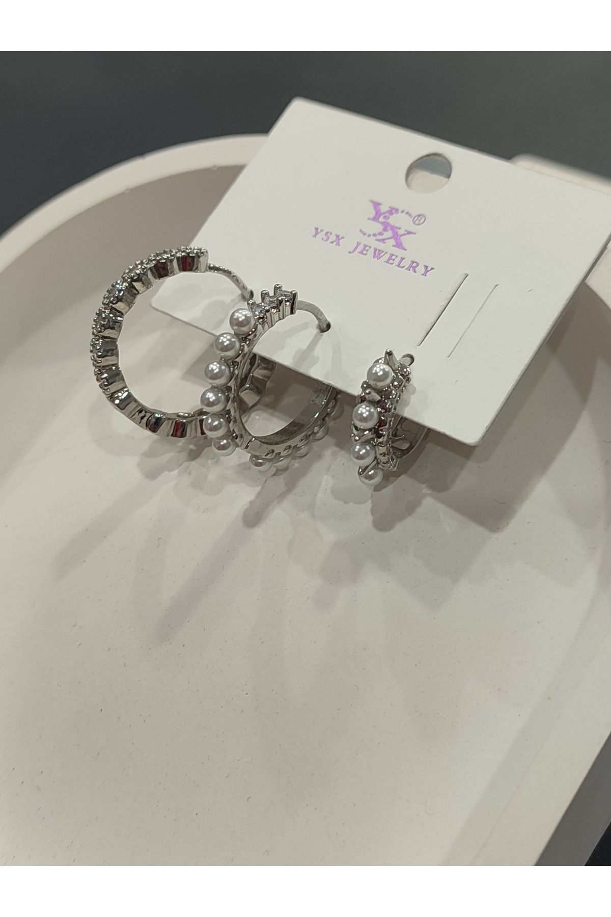 Bijuteri Gümüş Taşlı - İncili - Kalp ve Kelebek Desenli Sallantılı Çoklu Metal Kadın Küpe Jewelry