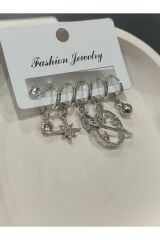 Bijuteri Gümüş Taşlı - İncili - Kalp ve Kelebek Desenli Sallantılı Çoklu Metal Kadın Küpe Jewelry