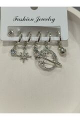 Bijuteri Gümüş Taşlı - İncili - Kalp ve Kelebek Desenli Sallantılı Çoklu Metal Kadın Küpe Jewelry