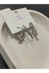 Bijuteri Gümüş Taşlı - İncili - Kalp ve Kelebek Desenli Sallantılı Çoklu Metal Kadın Küpe Jewelry