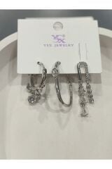 Bijuteri Gümüş Taşlı - İncili - Kalp ve Kelebek Desenli Sallantılı Çoklu Metal Kadın Küpe Jewelry