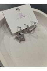 Bijuteri Gümüş Taşlı - İncili - Kalp ve Kelebek Desenli Sallantılı Çoklu Metal Kadın Küpe Jewelry