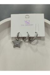 Bijuteri Gümüş Taşlı - İncili - Kalp ve Kelebek Desenli Sallantılı Çoklu Metal Kadın Küpe Jewelry