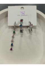 Bijuteri Gümüş Taşlı - İncili - Kalp ve Kelebek Desenli Sallantılı Çoklu Metal Kadın Küpe Jewelry