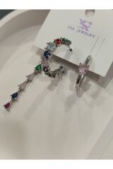 Bijuteri Gümüş Taşlı - İncili - Kalp ve Kelebek Desenli Sallantılı Çoklu Metal Kadın Küpe Jewelry