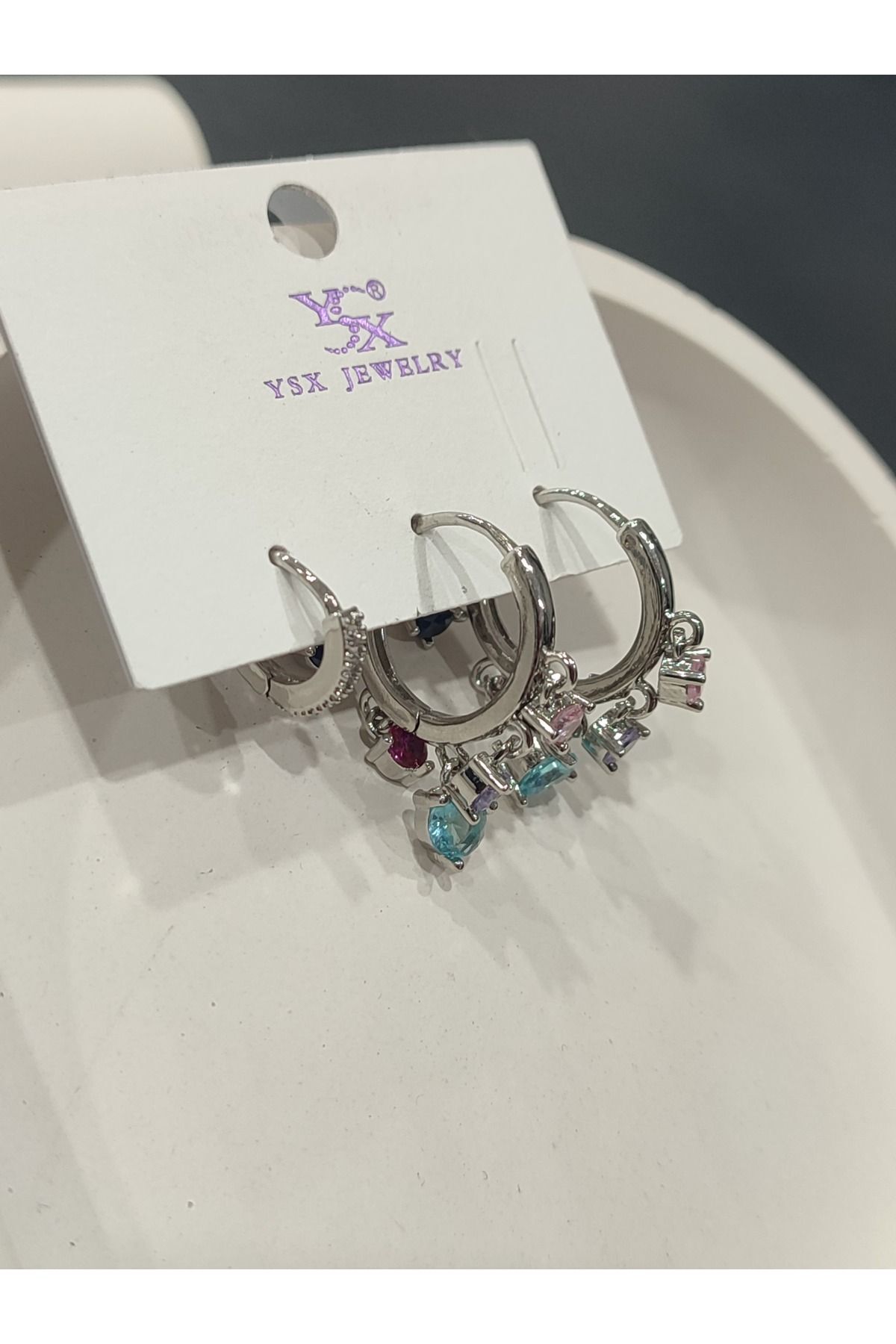Bijuteri Gümüş Taşlı - İncili - Kalp ve Kelebek Desenli Sallantılı Çoklu Metal Kadın Küpe Jewelry