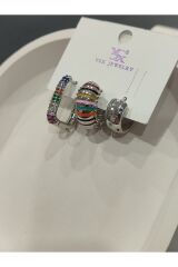 Bijuteri Gümüş Taşlı - İncili - Kalp ve Kelebek Desenli Sallantılı Çoklu Metal Kadın Küpe Jewelry