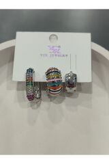 Bijuteri Gümüş Taşlı - İncili - Kalp ve Kelebek Desenli Sallantılı Çoklu Metal Kadın Küpe Jewelry