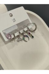 Bijuteri Gümüş Taşlı - İncili - Kalp ve Kelebek Desenli Sallantılı Çoklu Metal Kadın Küpe Jewelry