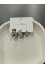 Bijuteri Gümüş Taşlı - İncili - Kalp ve Kelebek Desenli Sallantılı Çoklu Metal Kadın Küpe Jewelry