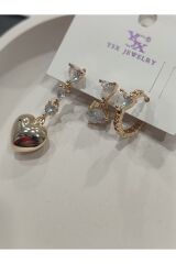 Bijuteri Gold Taşlı - İncili - Kalp ve Kelebek Desenli Sallantılı Çoklu Metal Kadın Küpe Jewelry