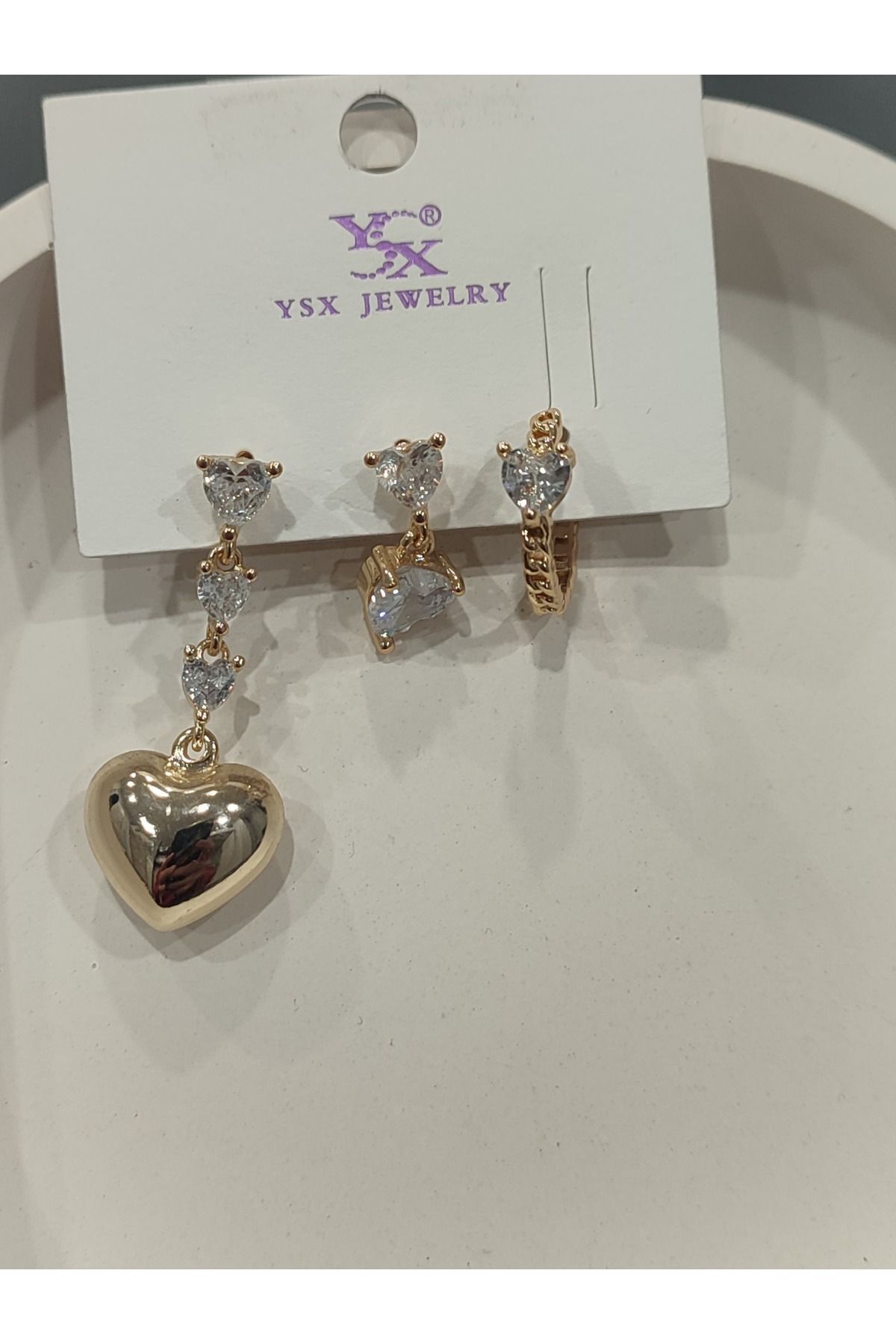 Bijuteri Gold Taşlı - İncili - Kalp ve Kelebek Desenli Sallantılı Çoklu Metal Kadın Küpe Jewelry