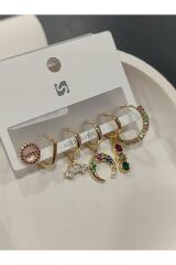 Bijuteri Gold Taşlı - İncili - Kalp ve Kelebek Desenli Sallantılı Çoklu Metal Kadın Küpe Jewelry