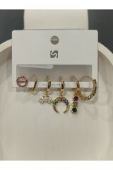 Bijuteri Gold Taşlı - İncili - Kalp ve Kelebek Desenli Sallantılı Çoklu Metal Kadın Küpe Jewelry