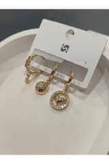 Bijuteri Gold Taşlı - İncili - Kalp ve Kelebek Desenli Sallantılı Çoklu Metal Kadın Küpe Jewelry