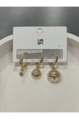 Bijuteri Gold Taşlı - İncili - Kalp ve Kelebek Desenli Sallantılı Çoklu Metal Kadın Küpe Jewelry
