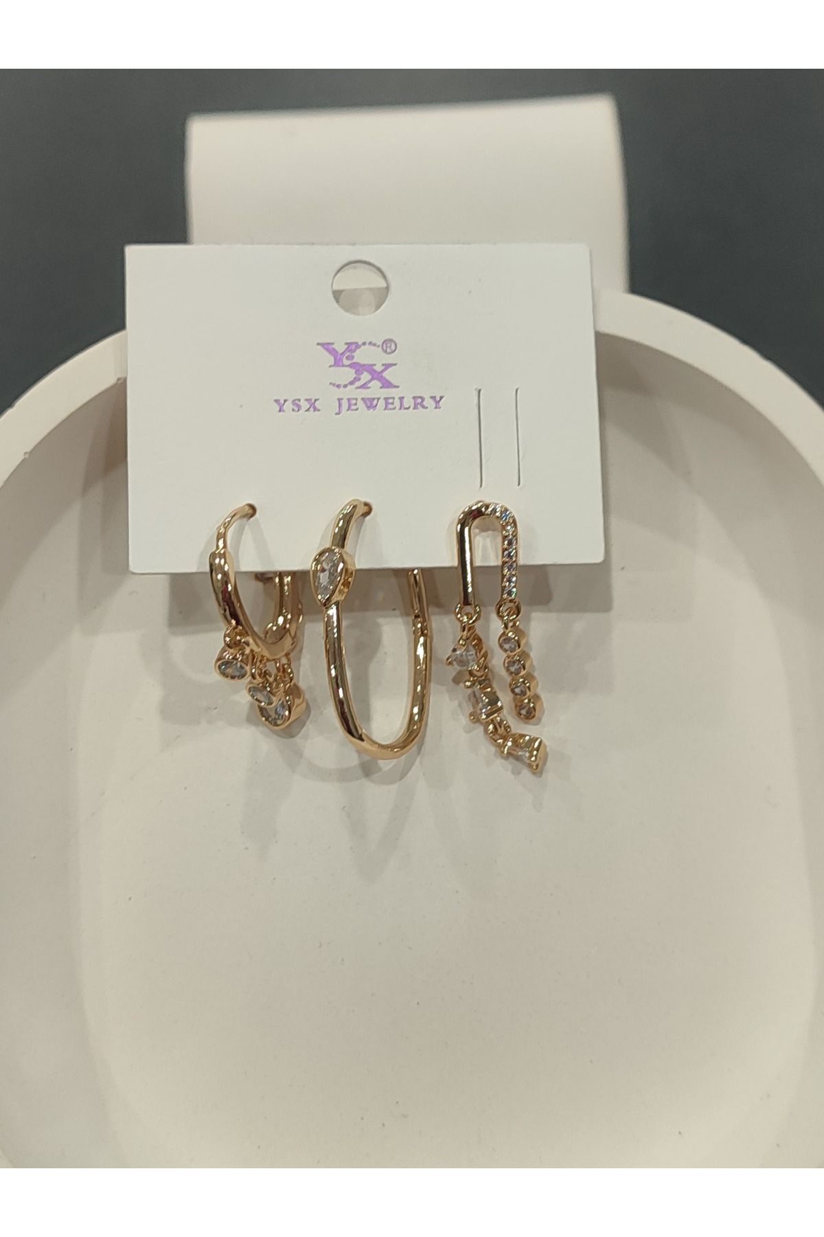 Bijuteri Gold Taşlı - İncili - Kalp ve Kelebek Desenli Sallantılı Çoklu Metal Kadın Küpe Jewelry