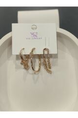 Bijuteri Gold Taşlı - İncili - Kalp ve Kelebek Desenli Sallantılı Çoklu Metal Kadın Küpe Jewelry