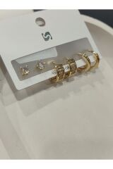 Bijuteri Gold Taşlı - İncili - Kalp ve Kelebek Desenli Sallantılı Çoklu Metal Kadın Küpe Jewelry